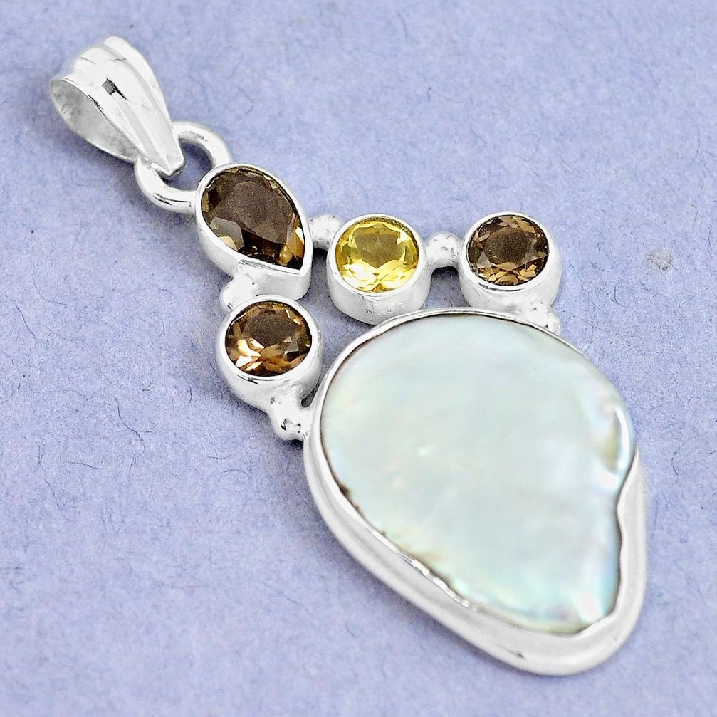 20.86cts natural white pearl smoky topaz citrine 925 silver pendant m90582