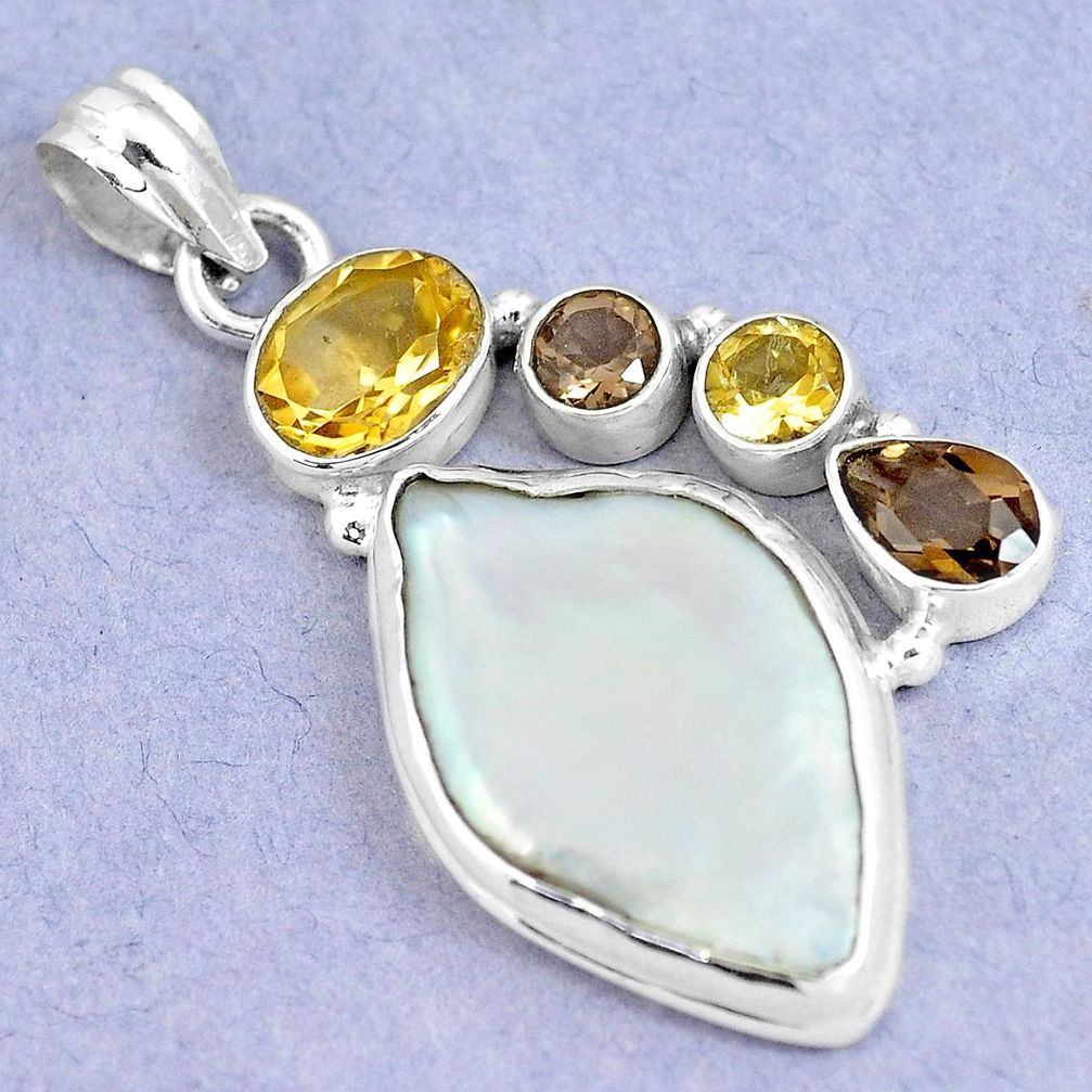 925 silver 22.57cts natural white pearl smoky topaz citrine pendant m90586