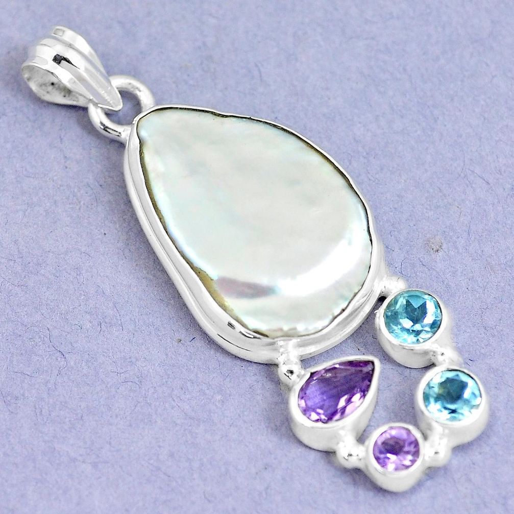 22.23cts natural white pearl amethyst blue topaz 925 silver pendant m90593