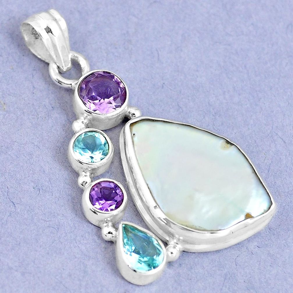925 silver 19.34cts natural white pearl amethyst blue topaz pendant m90598