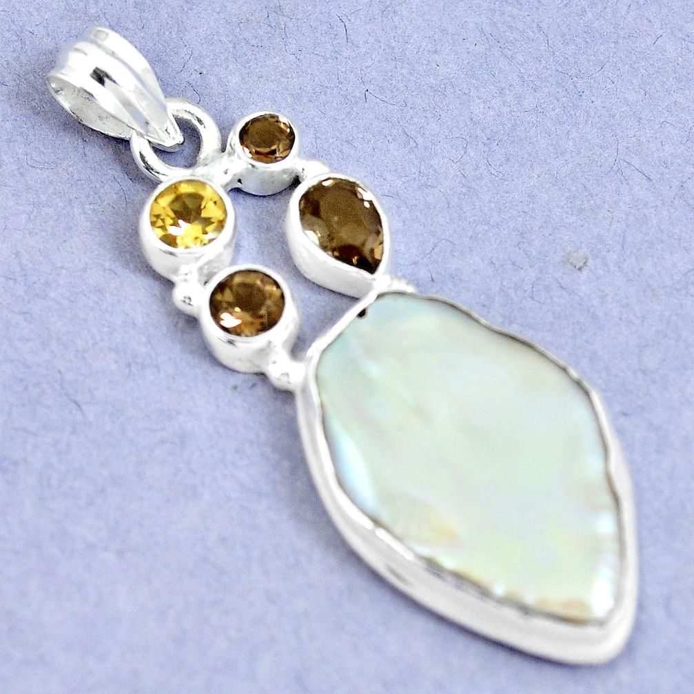 23.15cts natural white pearl smoky topaz citrine 925 silver pendant m90604