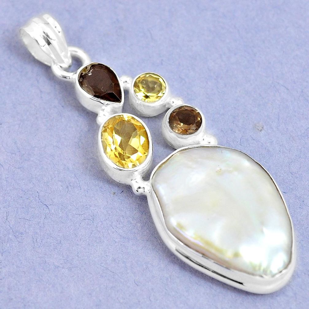 23.66cts natural white pearl smoky topaz citrine 925 silver pendant m90609