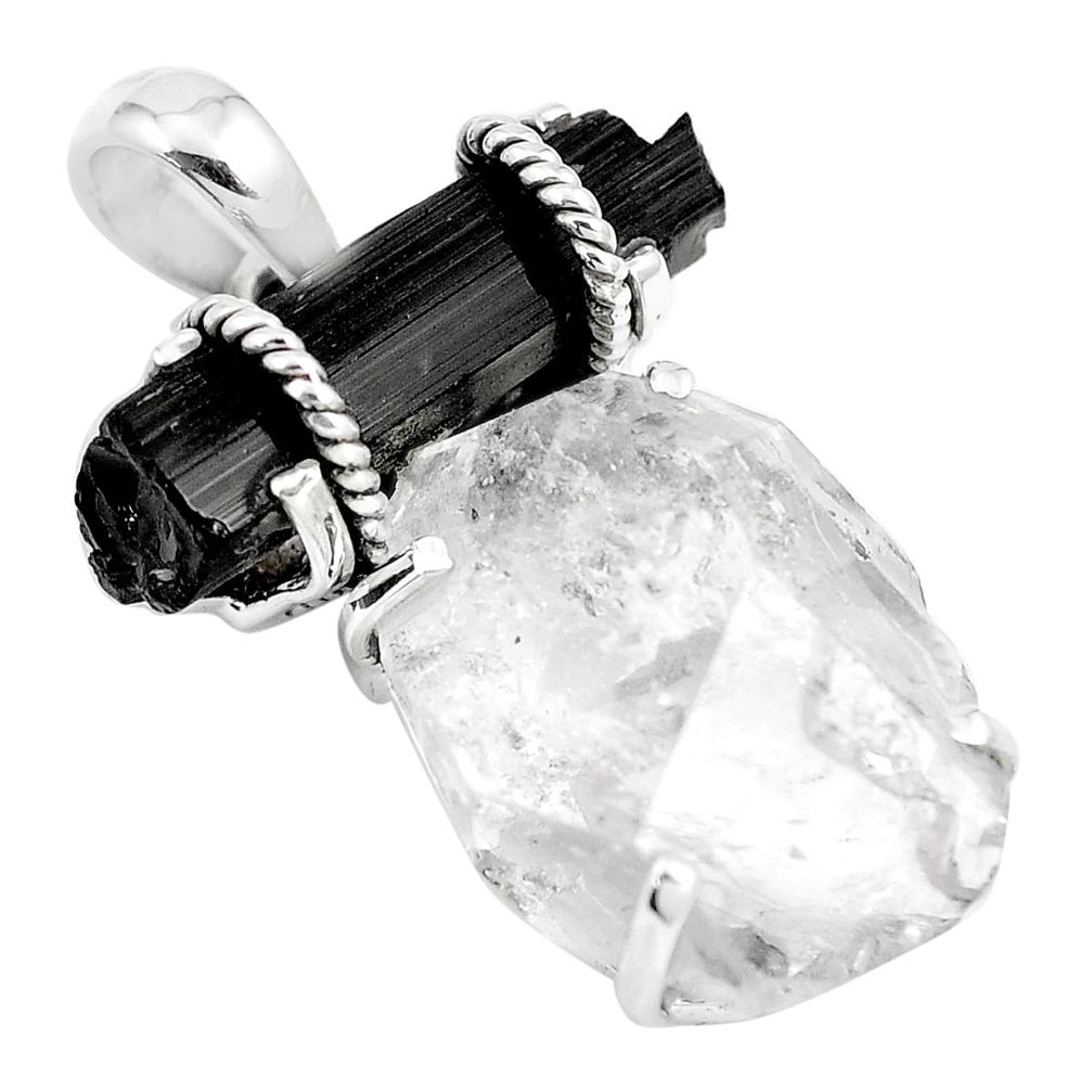 925 silver natural herkimer diamond black tourmaline rough pendant m90664