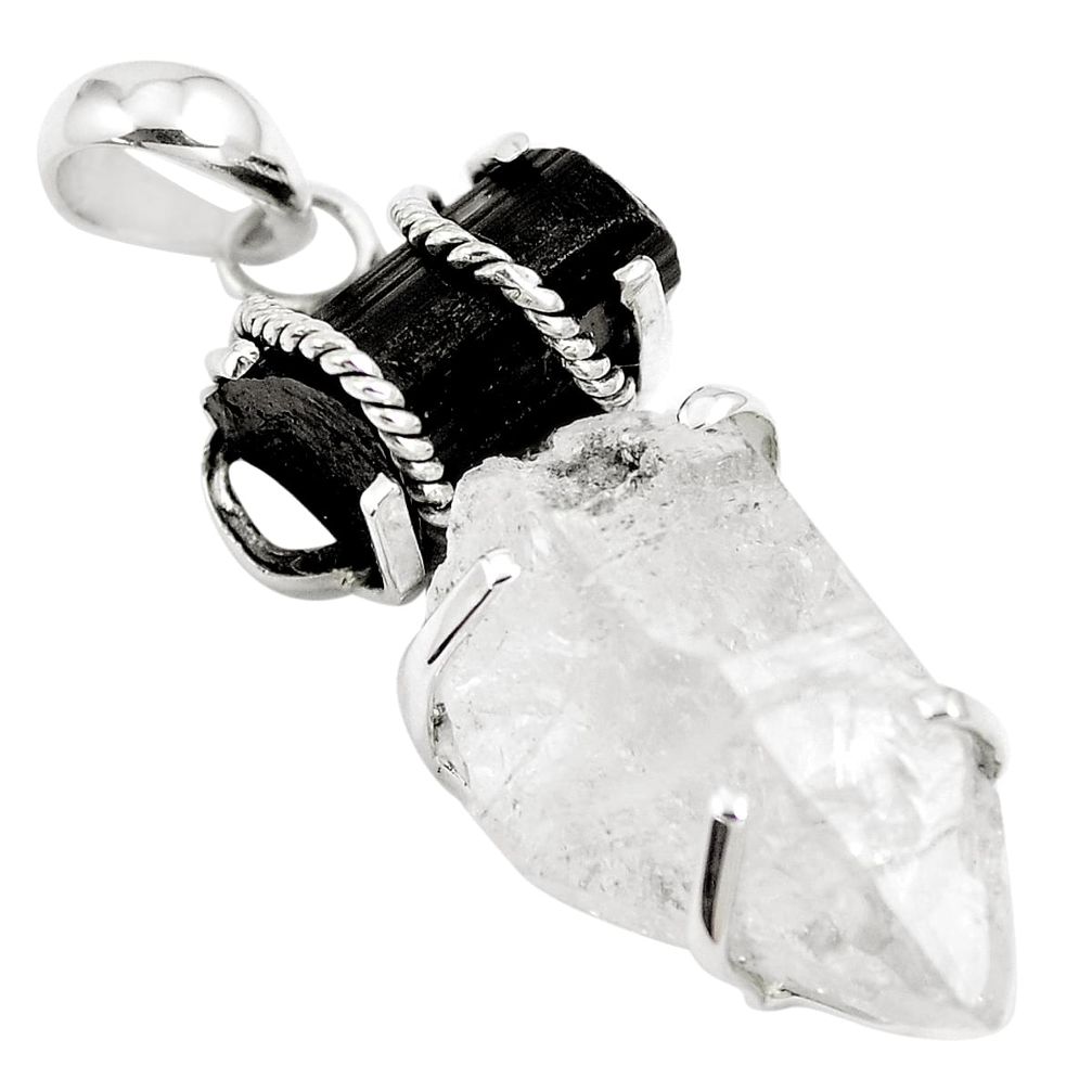 925 silver natural herkimer diamond black tourmaline rough pendant m90668