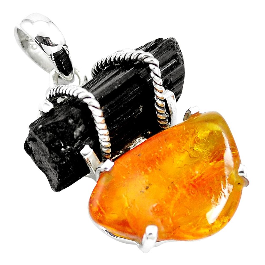 19.98cts yellow amber black tourmaline rough 925 silver pendant m90675