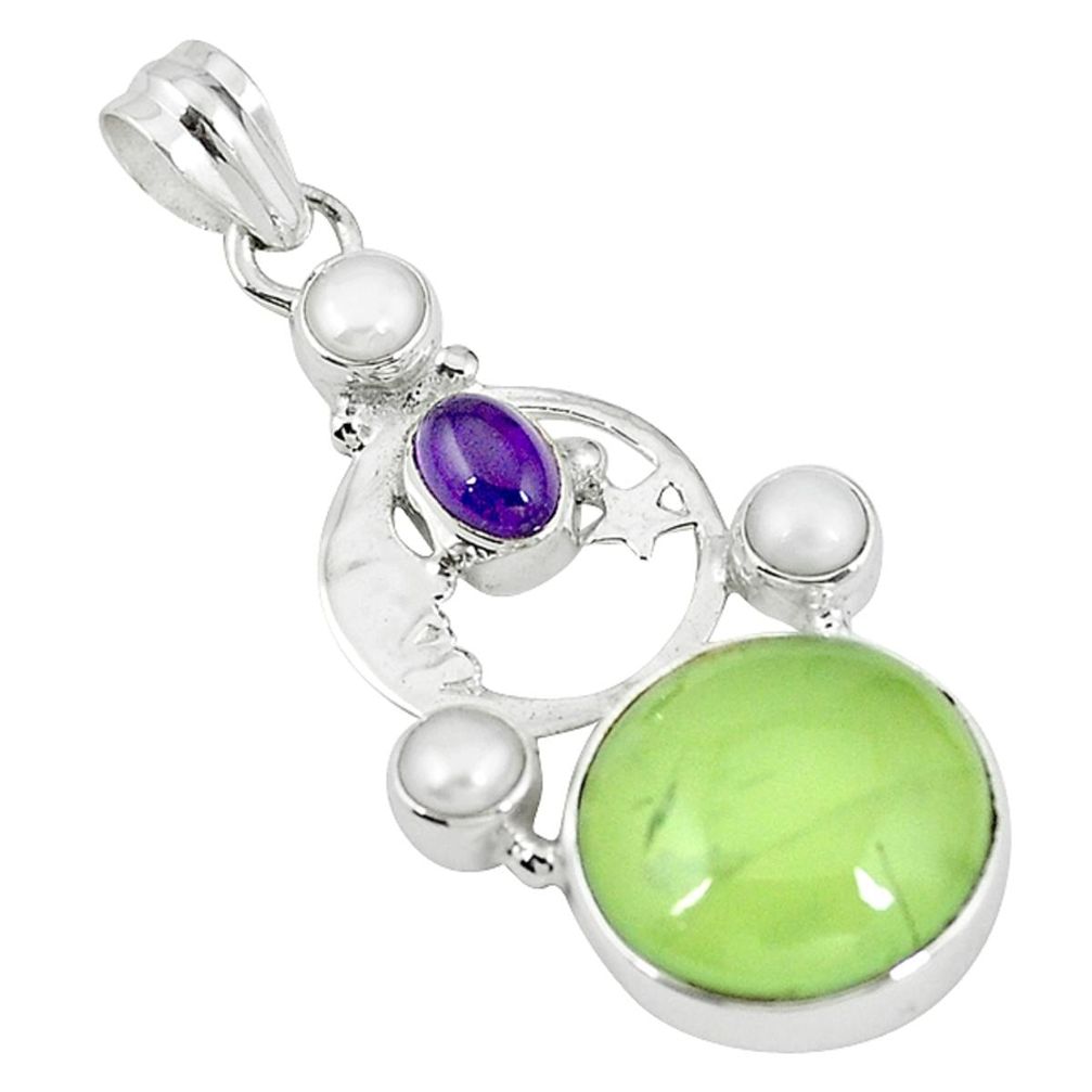 Natural green prehnite pearl 925 silver crescent moon star pendant m9138