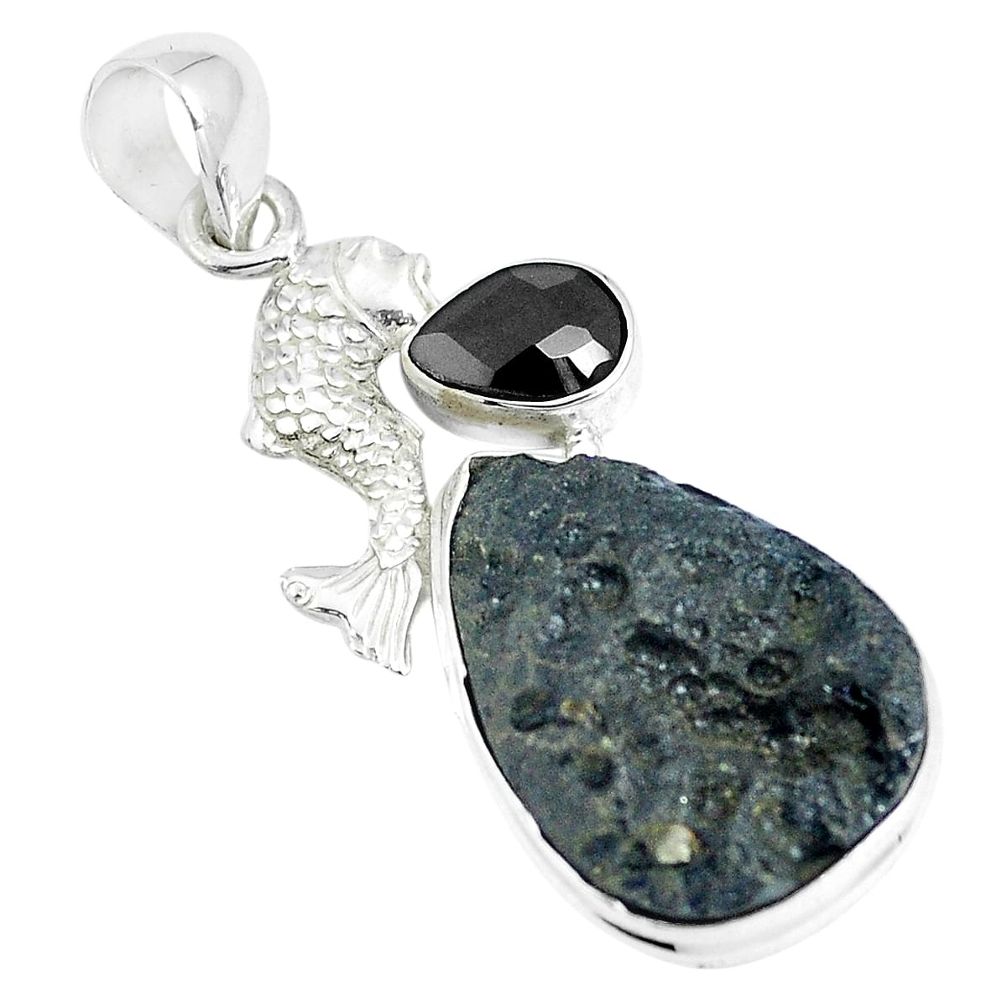 925 sterling silver 18.70cts natural black tektite onyx fish pendant m91435