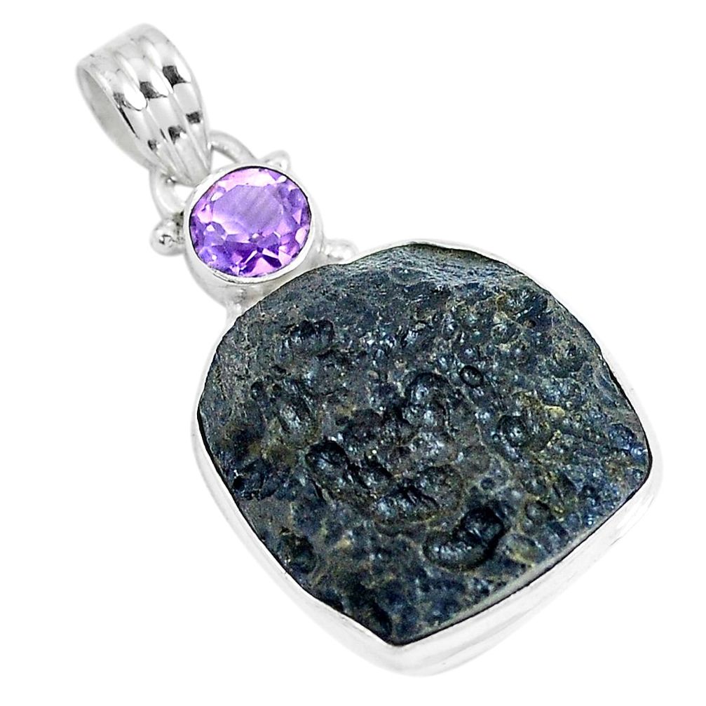 17.57cts natural black tektite amethyst 925 sterling silver pendant m91440