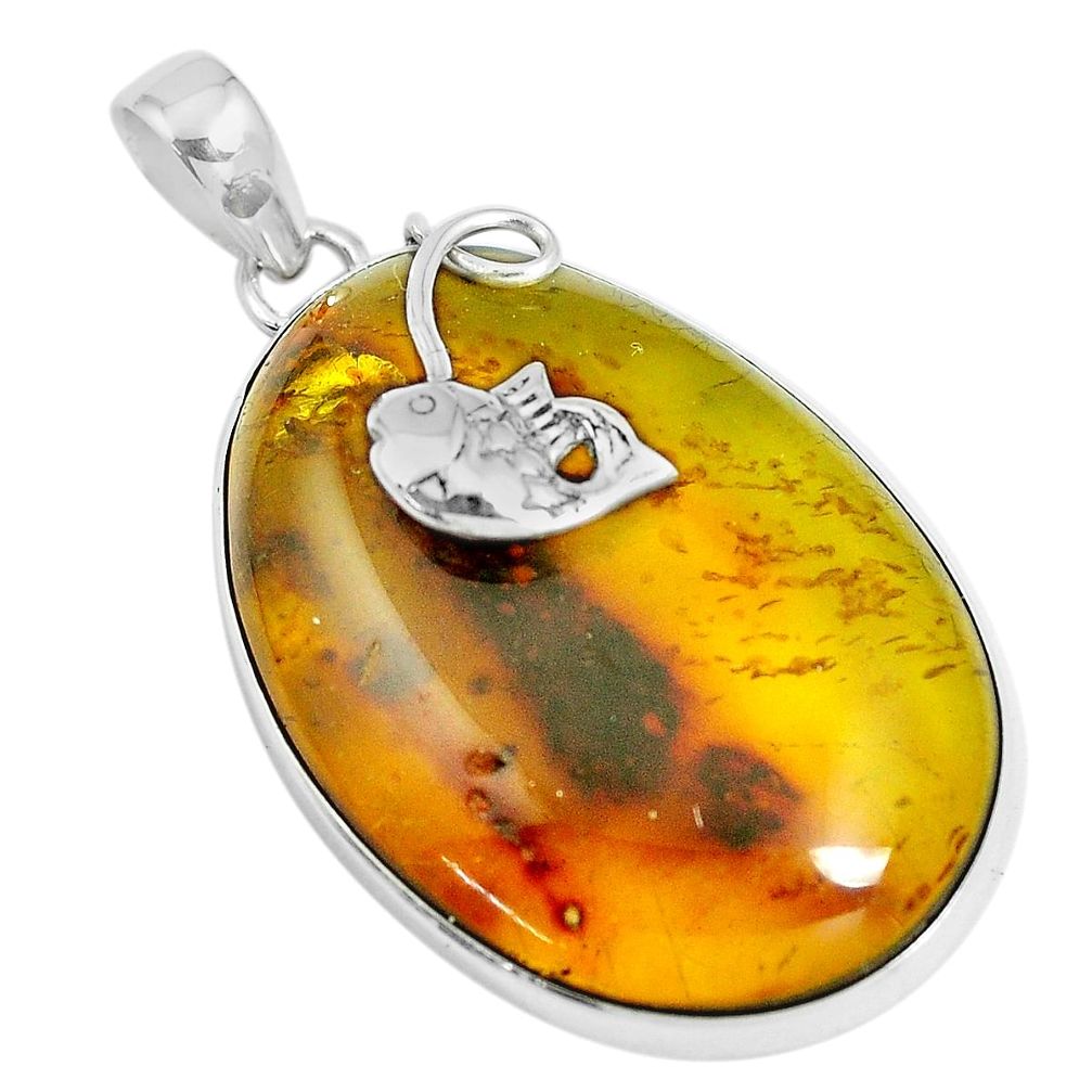 23.11cts natural green amber from colombia 925 silver fish pendant m91495