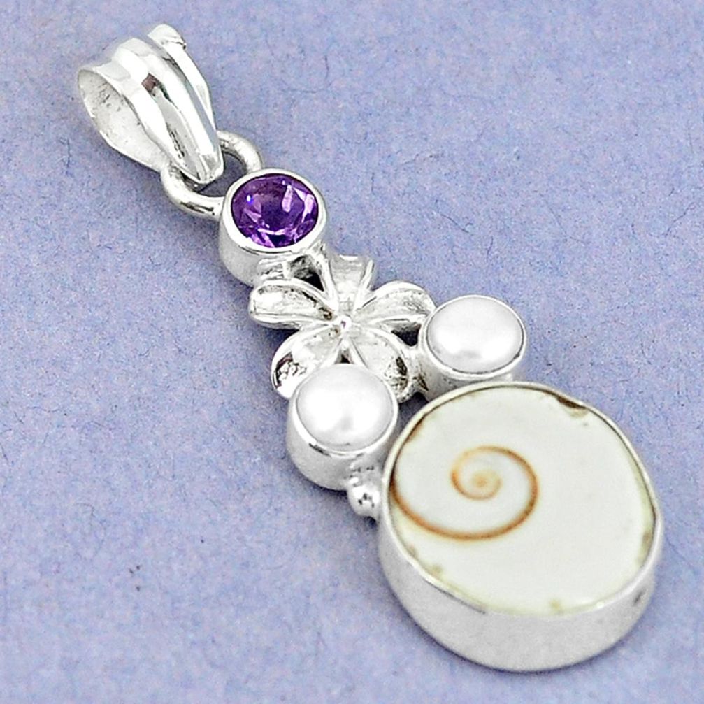 925 silver natural white shiva eye amethyst pearl flower pendant m9157