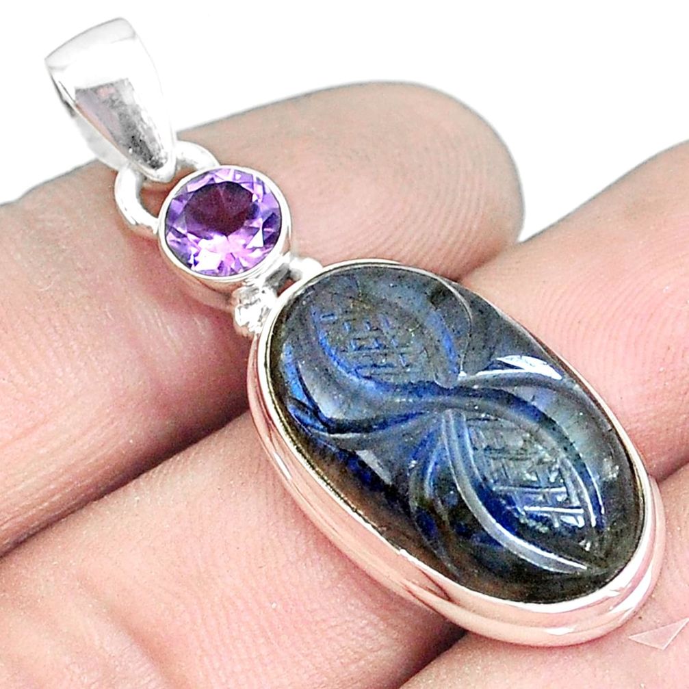 16.06cts natural blue labradorite carving amethyst 925 silver pendant m93189