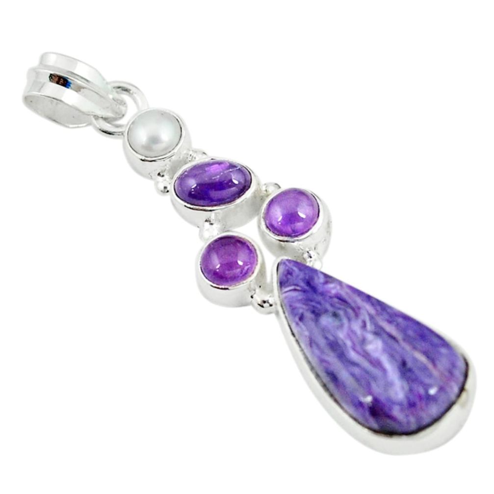 Natural purple charoite (siberian) amethyst pearl 925 silver pendant m9441