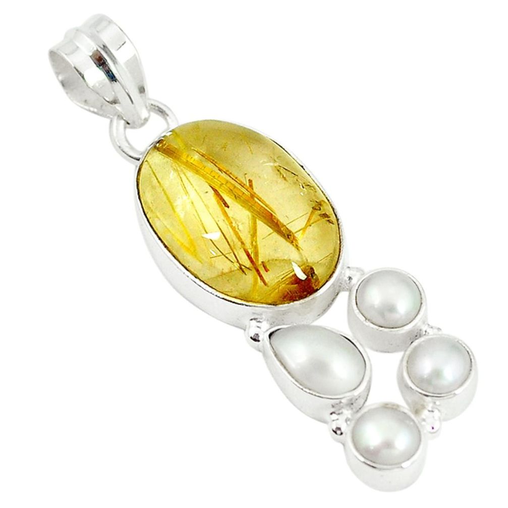 Natural golden tourmaline rutile pearl 925 sterling silver pendant m9489