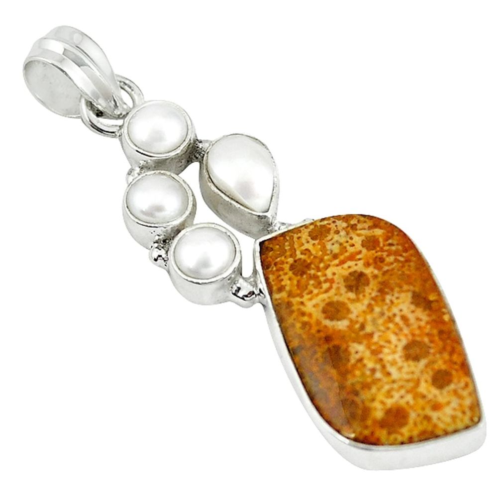 Natural yellow fossil coral (agatized) petoskey stone 925 silver pendant m9510