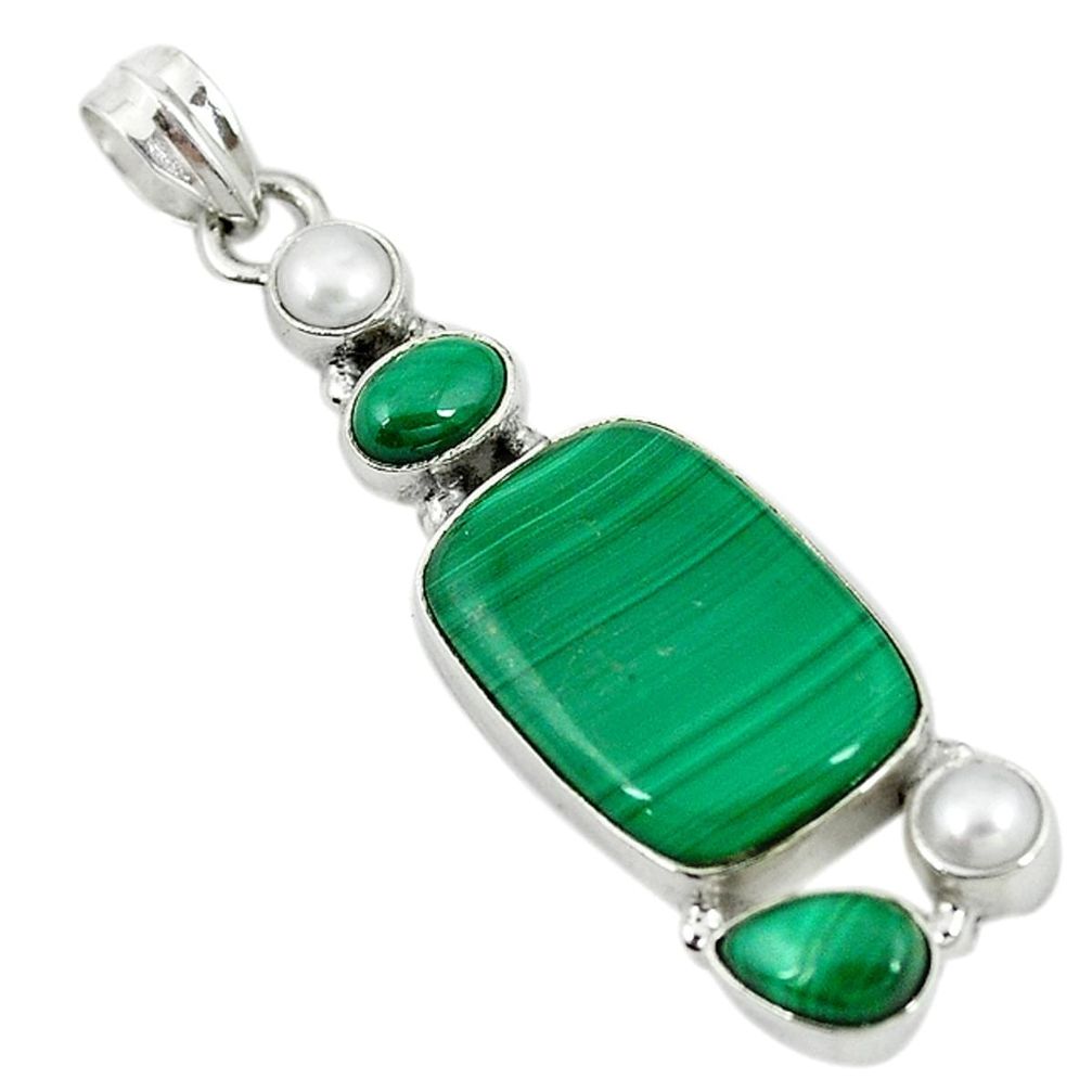 Natural green malachite (pilot's stone) pearl 925 sterling silver pendant m9557