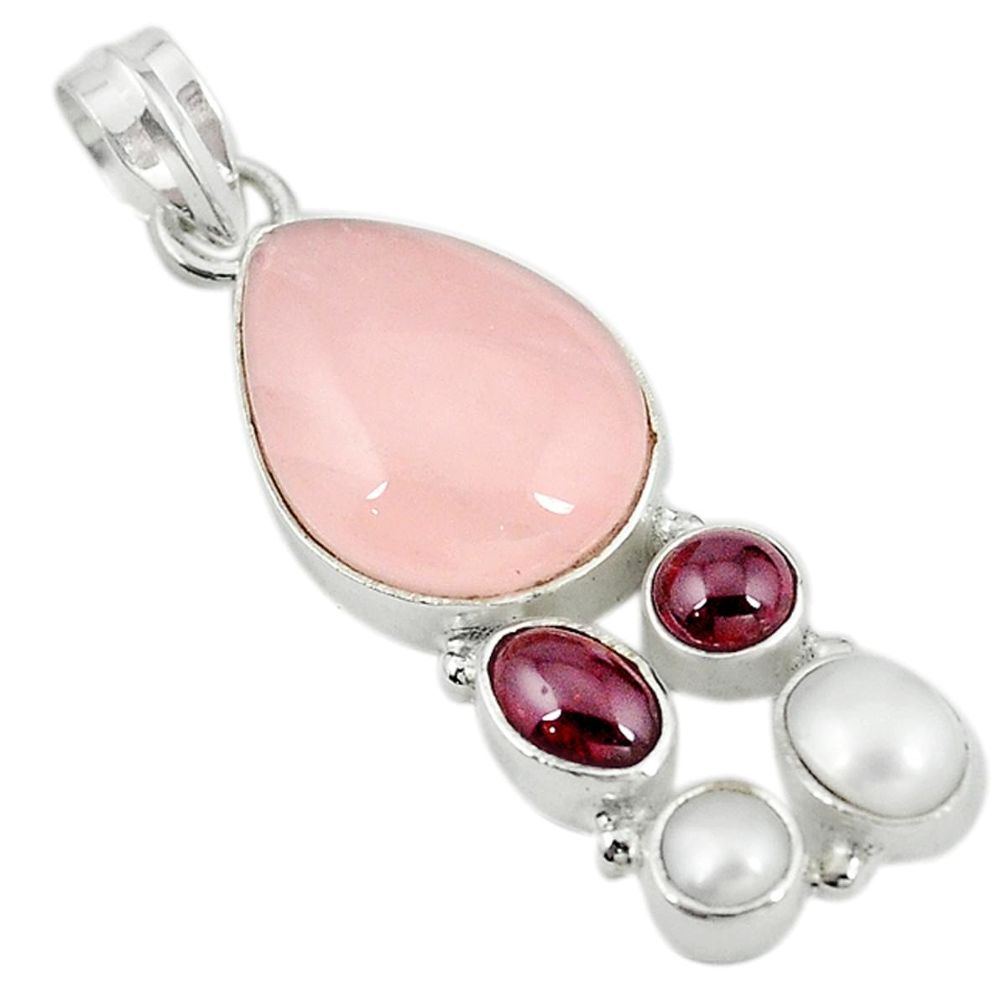 Natural pink rose quartz garnet pearl 925 sterling silver pendant m9559