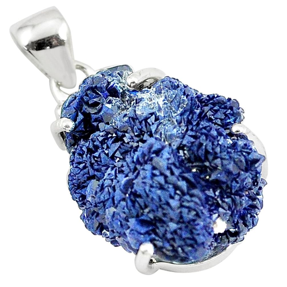 28.73cts natural blue azurite druzy 925 sterling silver pendant jewelry m95664