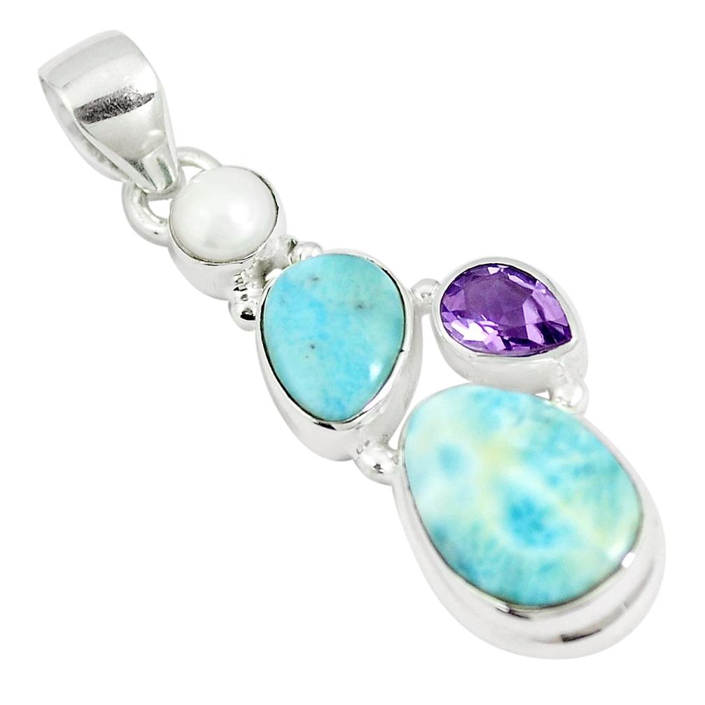 10.76cts natural blue larimar amethyst pearl 925 sterling silver pendant m95688