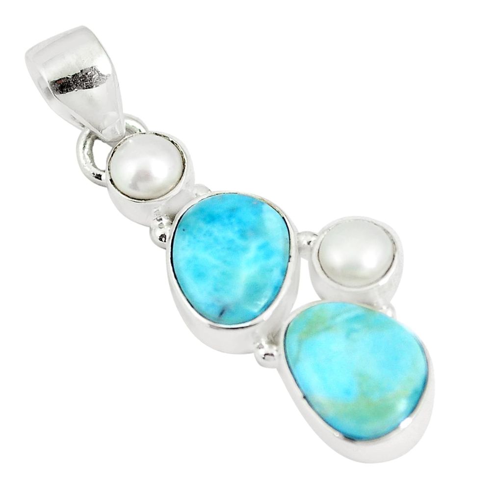 9.05cts natural blue larimar white pearl 925 sterling silver pendant m95717