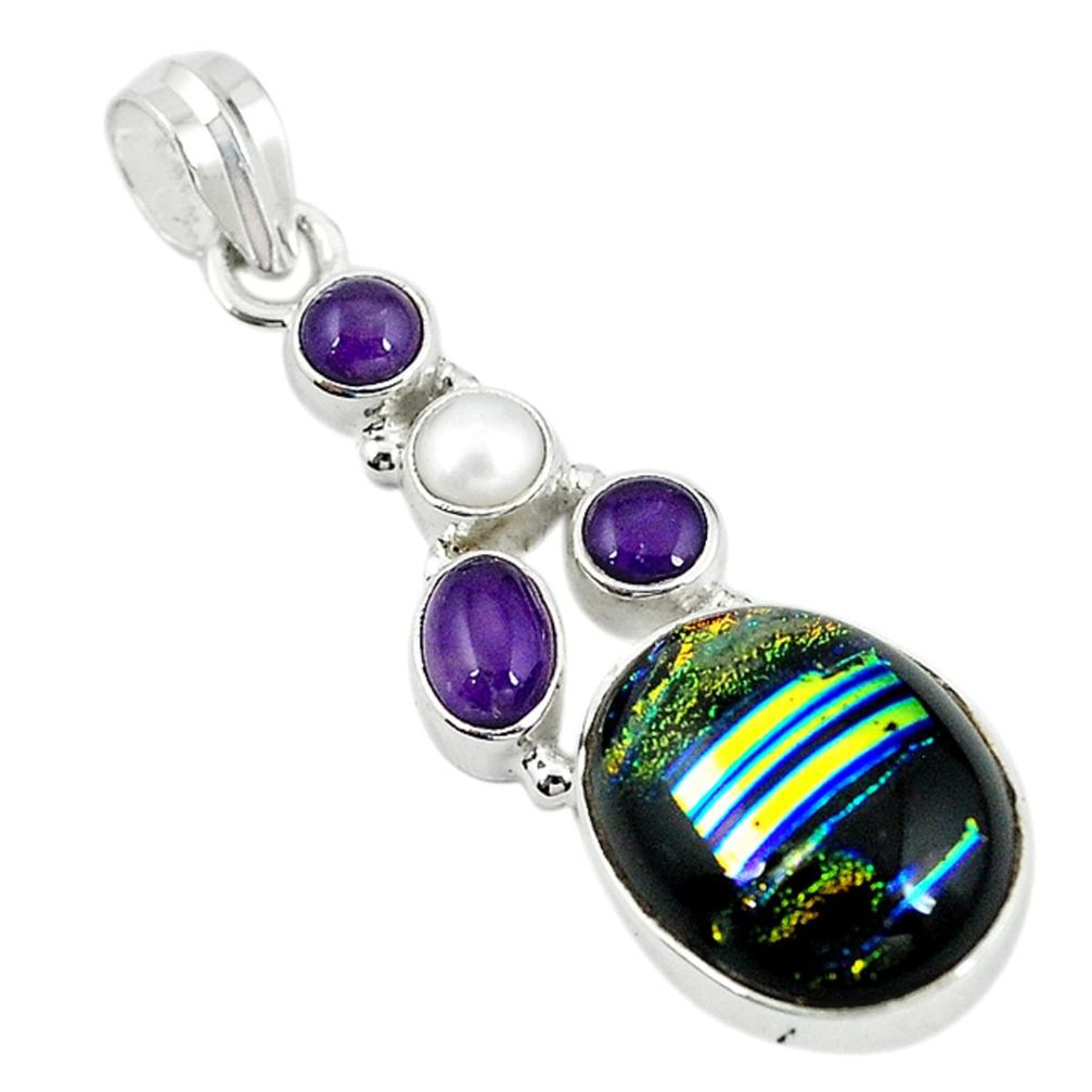 Multi color dichroic glass amethyst pearl 925 sterling silver pendant m9587
