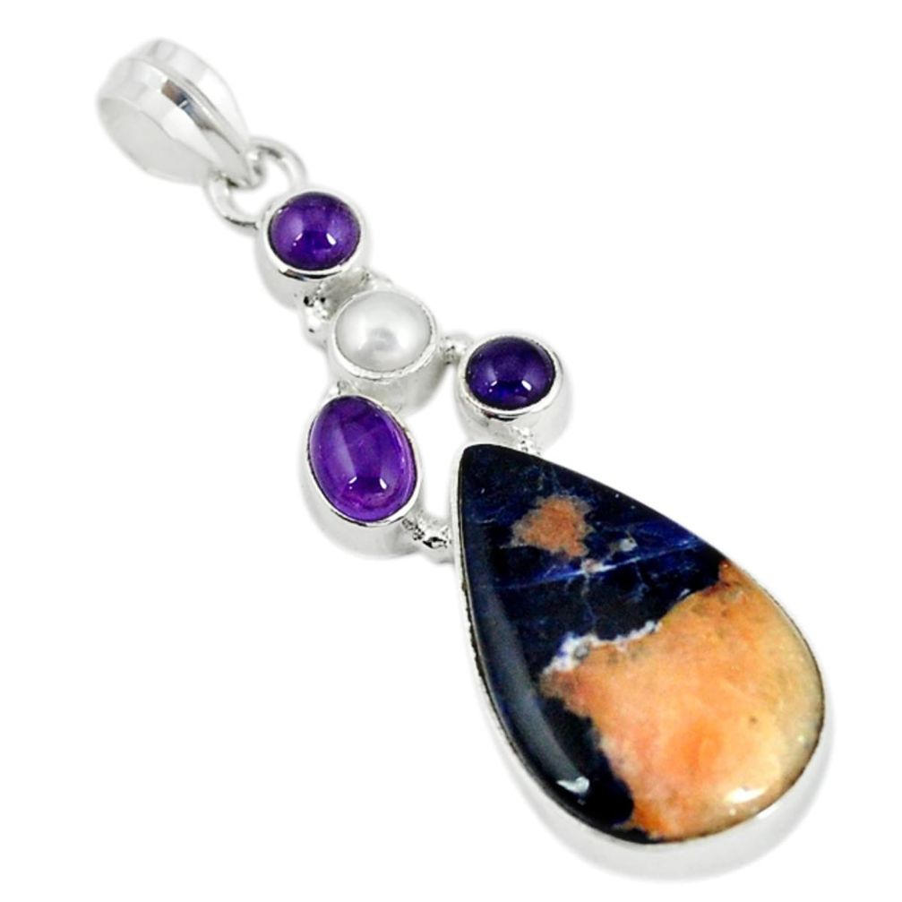 Natural orange sodalite purple amethyst 925 sterling silver pendant m9605