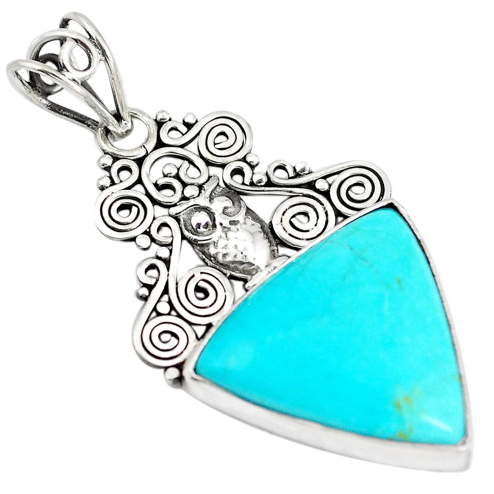 132.66cts natural blue kingman turquoise 925 sterling silver owl pendant m96063