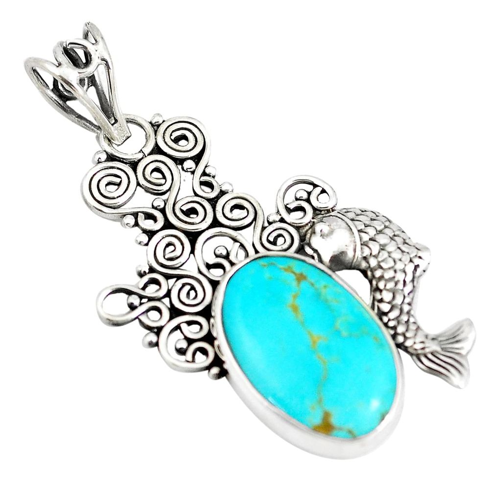 12.07cts natural blue kingman turquoise 925 sterling silver fish pendant m96072