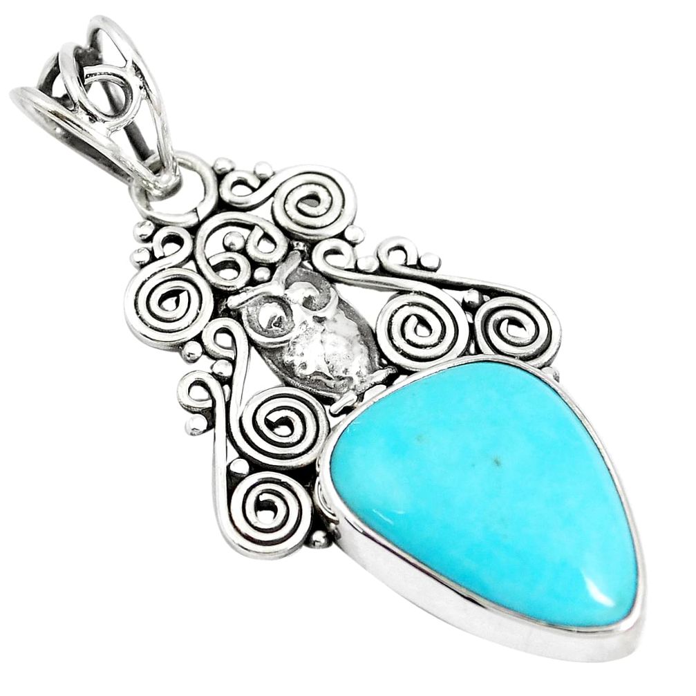 11.07cts natural blue kingman turquoise 925 sterling silver owl pendant m96075