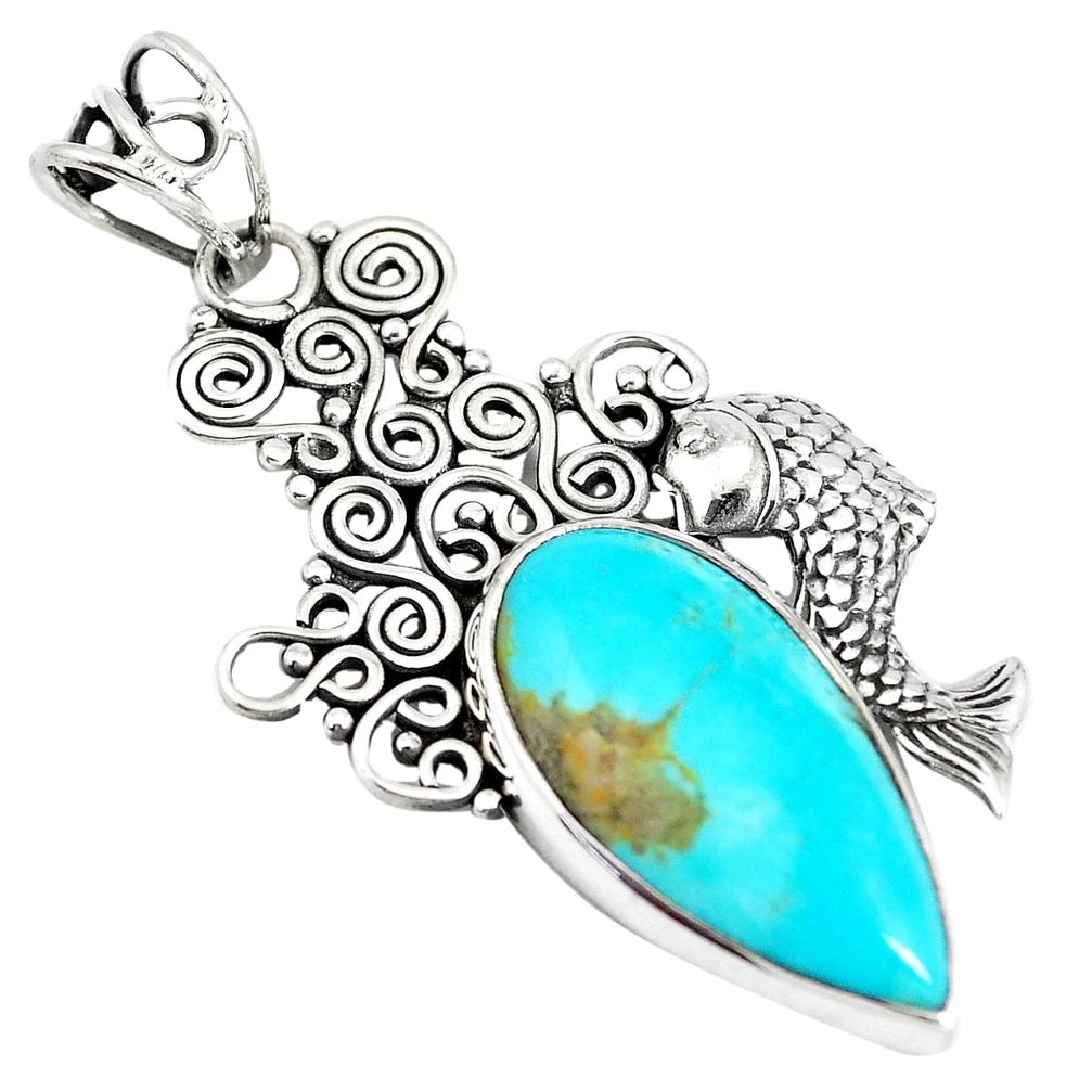 925 sterling silver 12.36cts natural blue kingman turquoise fish pendant m96084