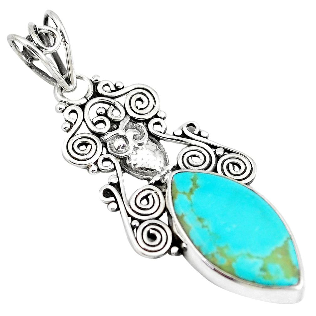 10.32cts natural blue kingman turquoise 925 sterling silver owl pendant m96087