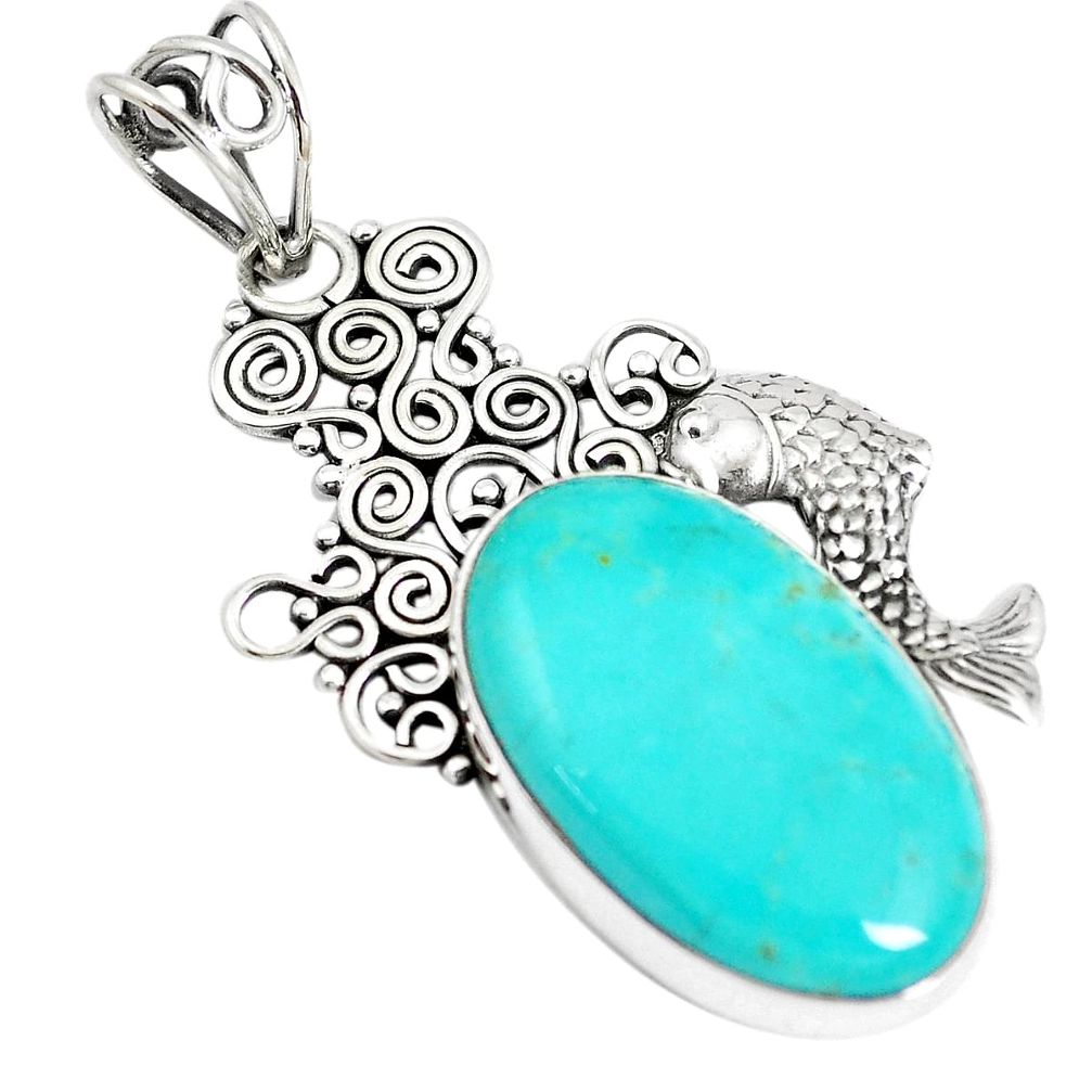 13.26cts natural blue kingman turquoise 925 sterling silver fish pendant m96096
