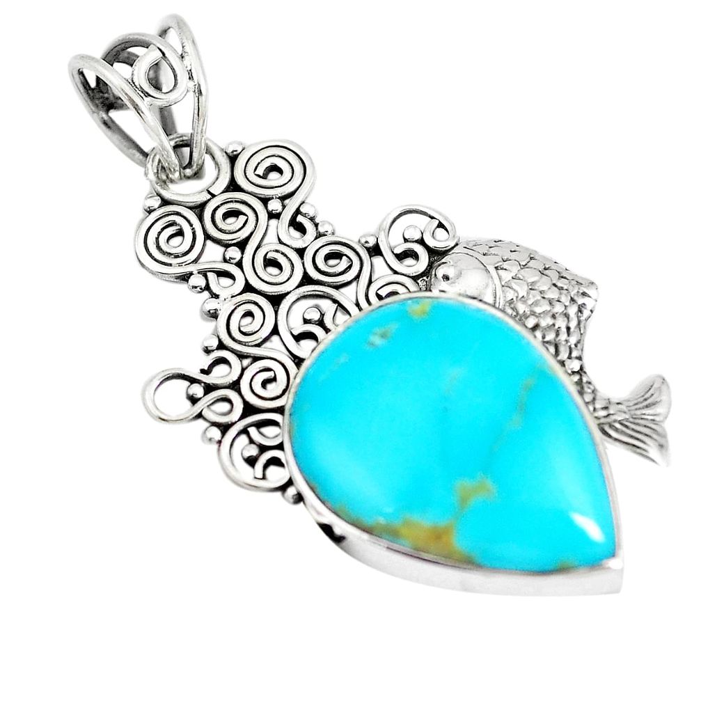 13.27cts natural green kingman turquoise 925 sterling silver fish pendant m96116