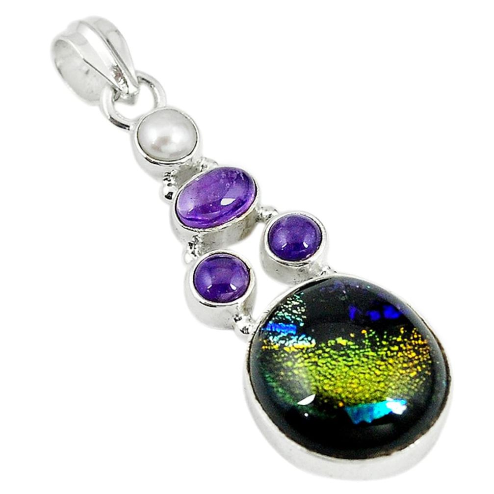 Multi color dichroic glass amethyst pearl 925 sterling silver pendant m9619