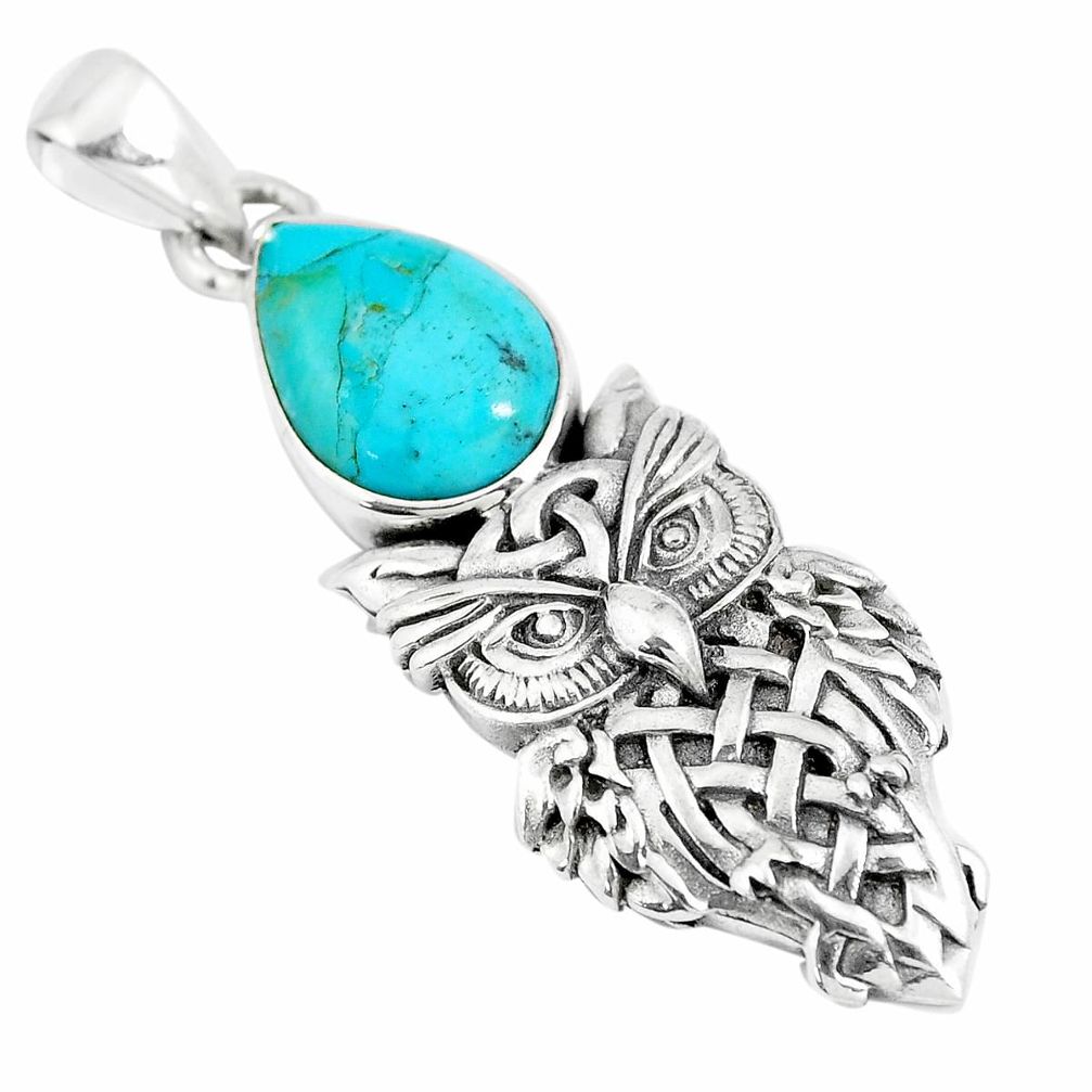 6.31cts natural blue kingman turquoise 925 sterling silver owl pendant m96582