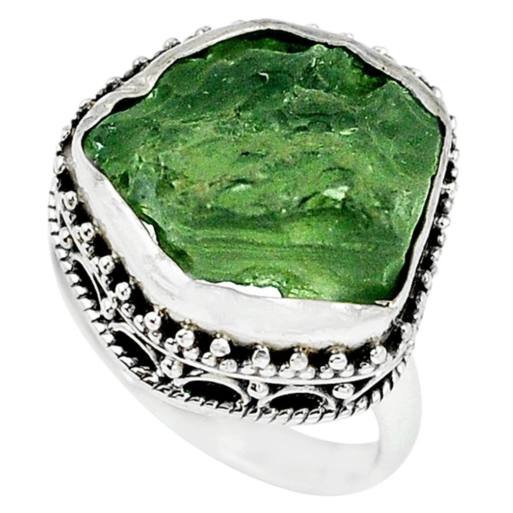 Natural green moldavite (genuine czech) fancy 925 silver ring size 7.5 m10305