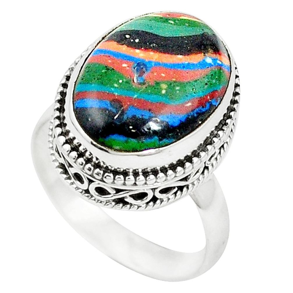Natural multi color rainbow calsilica 925 silver ring size 7 m1218