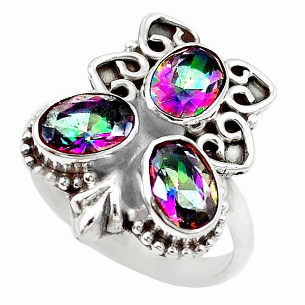 Multi color rainbow topaz 925 sterling silver ring three stone size 7.5 m12545