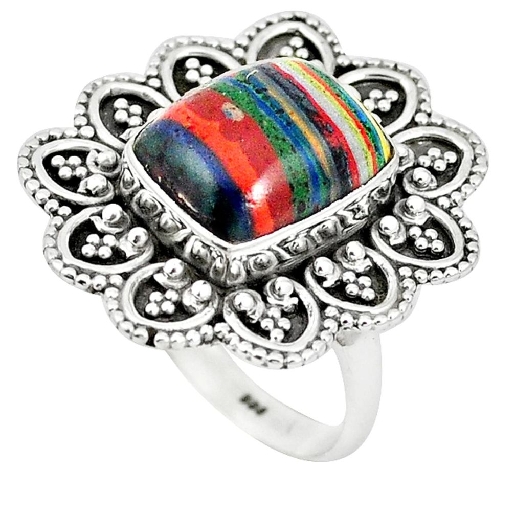 Natural multi color rainbow calsilica 925 silver ring size 7.5 m1278