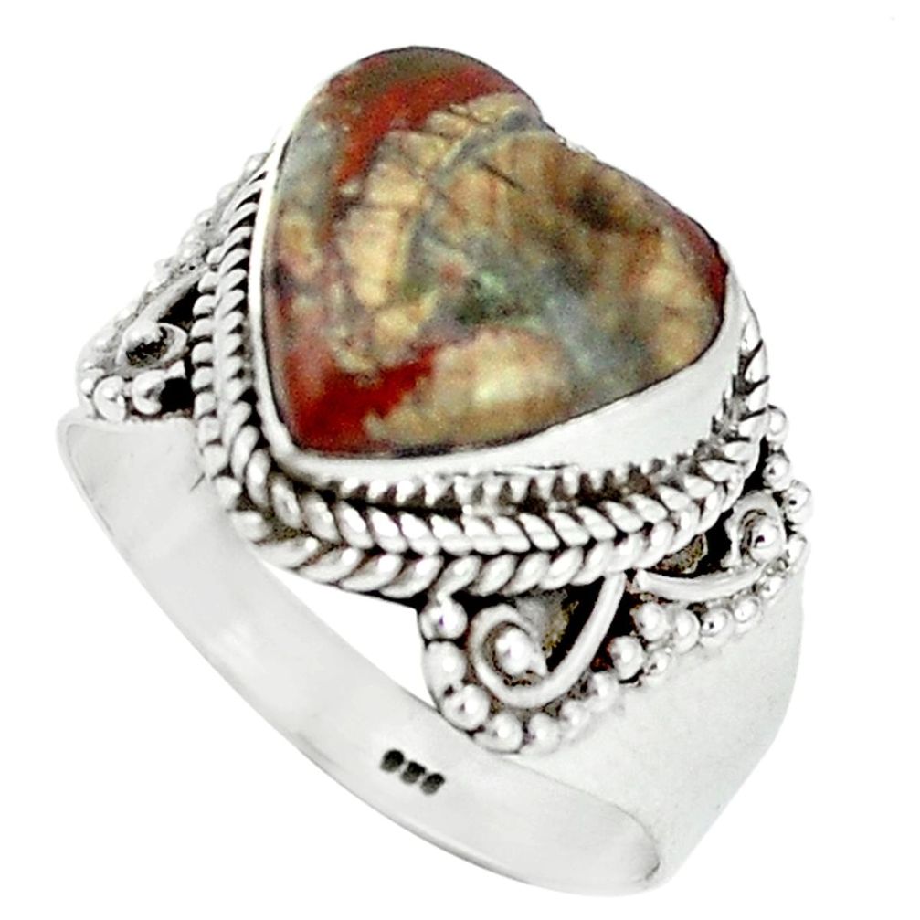 Natural brown heart mushroom rhyolite 925 sterling silver ring size 8 m1299