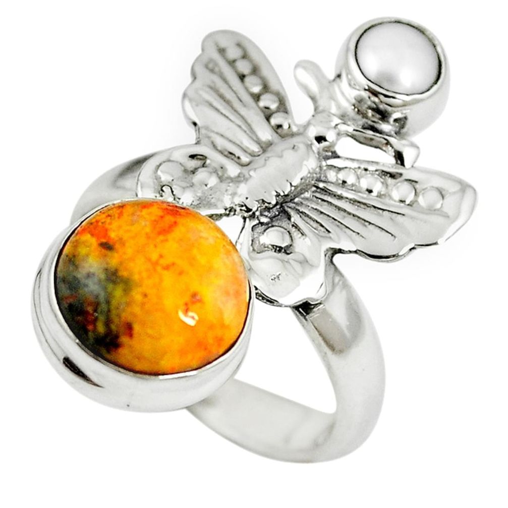 Yellow bumble bee australian jasper 925 silver butterfly ring size 7 m13323