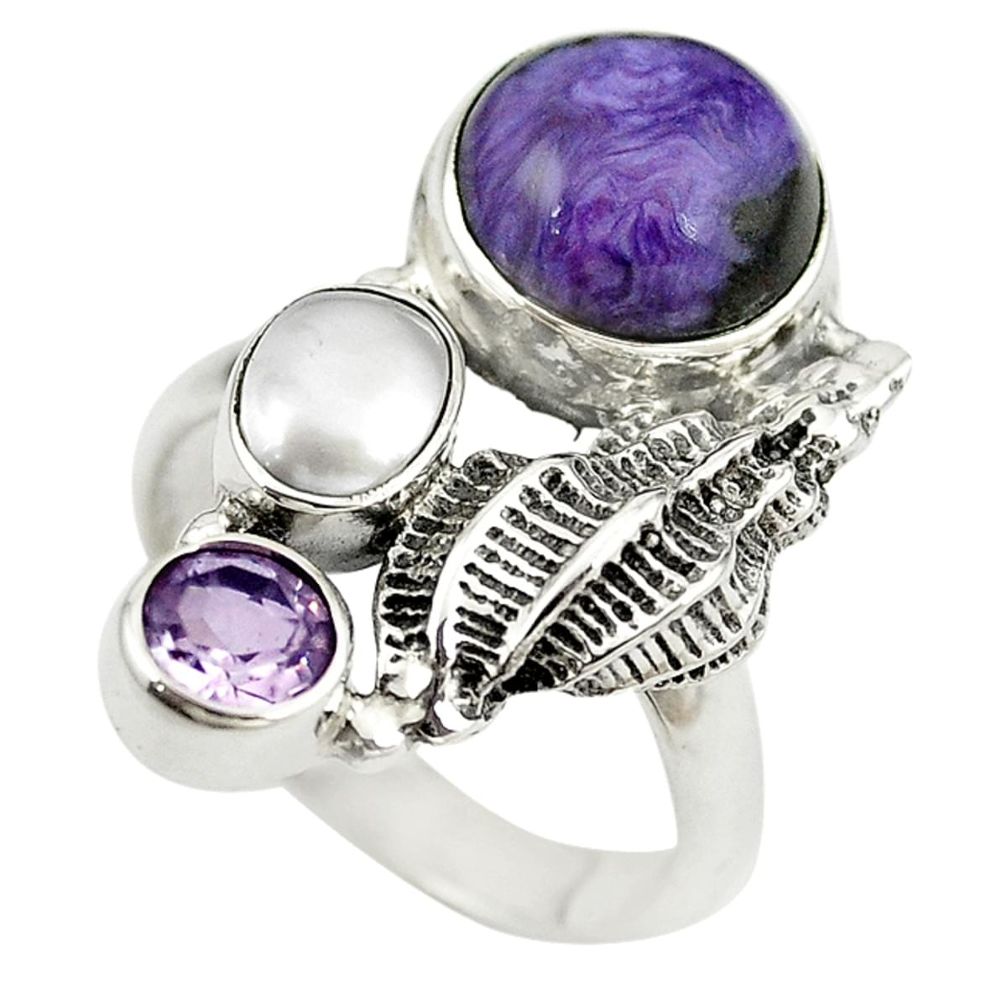 Natural purple charoite (siberian) pearl 925 silver ring size 7.5 m13341