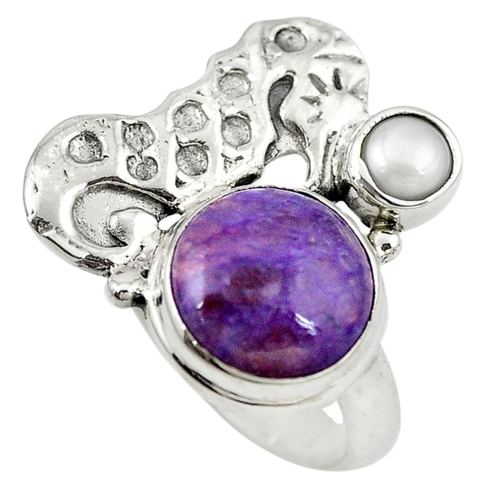 Natural purple charoite (siberian) 925 silver seahorse ring size 7.5 m13347