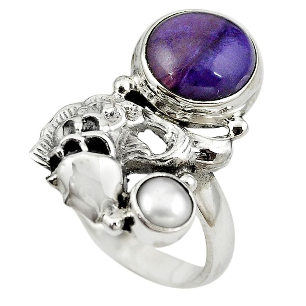 Natural purple charoite (siberian) pearl 925 silver ring size 7.5 m13354