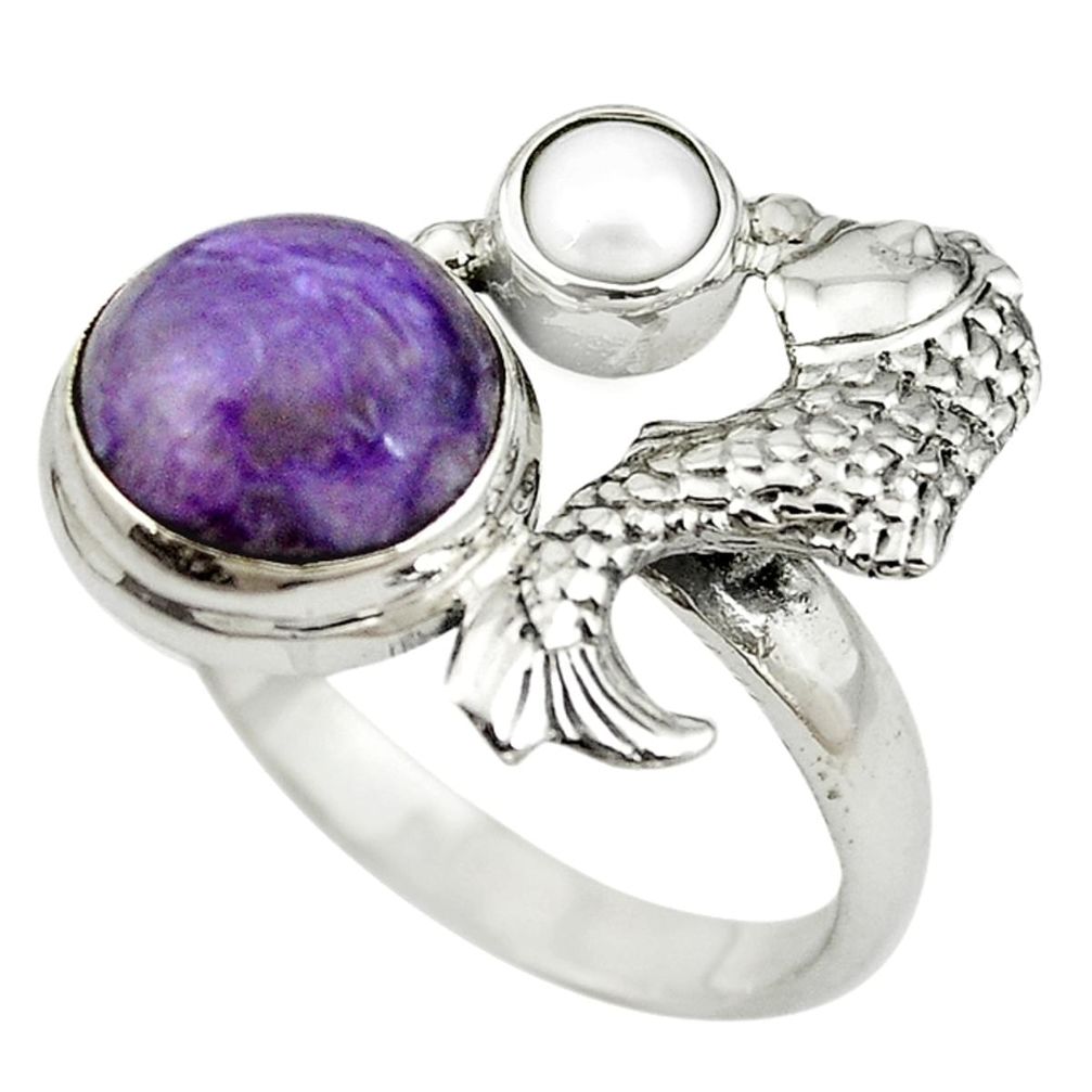 925 silver natural purple charoite (siberian) pearl fish ring size 8 m13359