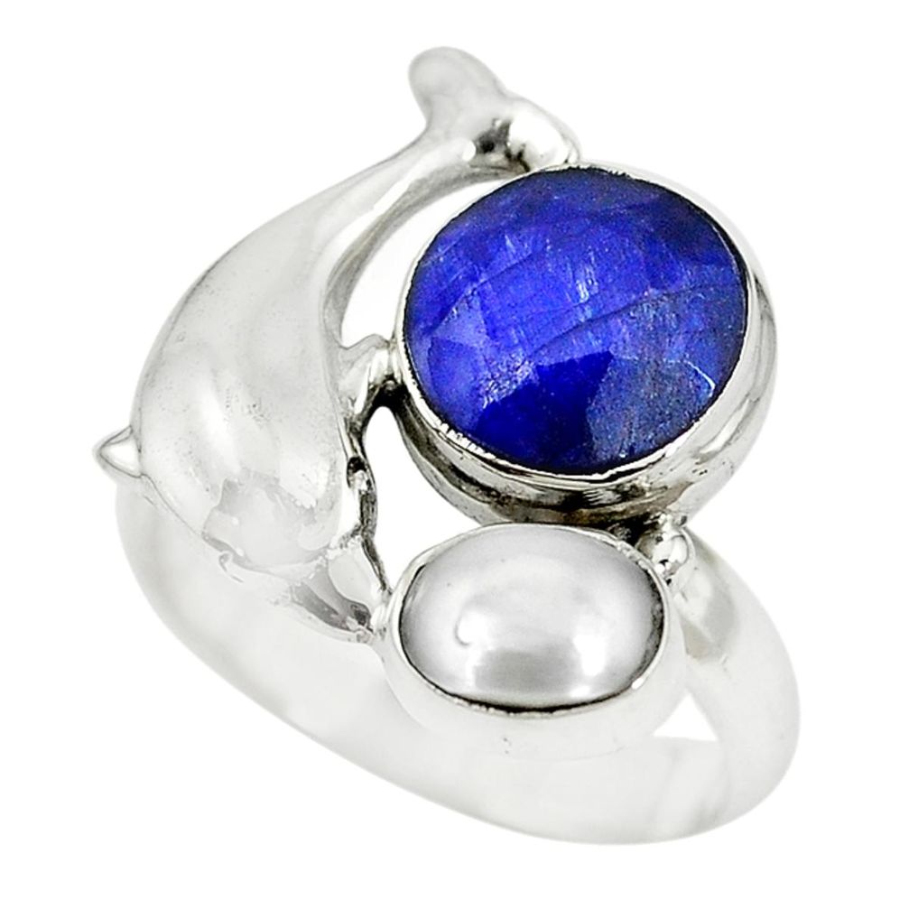 Natural blue sapphire white pearl 925 silver dolphin ring size 7.5 m13361