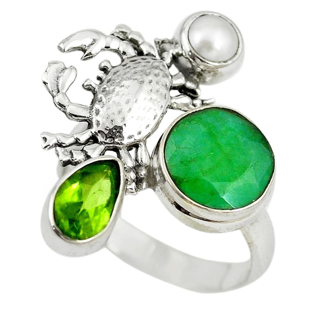 Natural green emerald peridot pearl 925 silver crab ring size 7.5 m13362