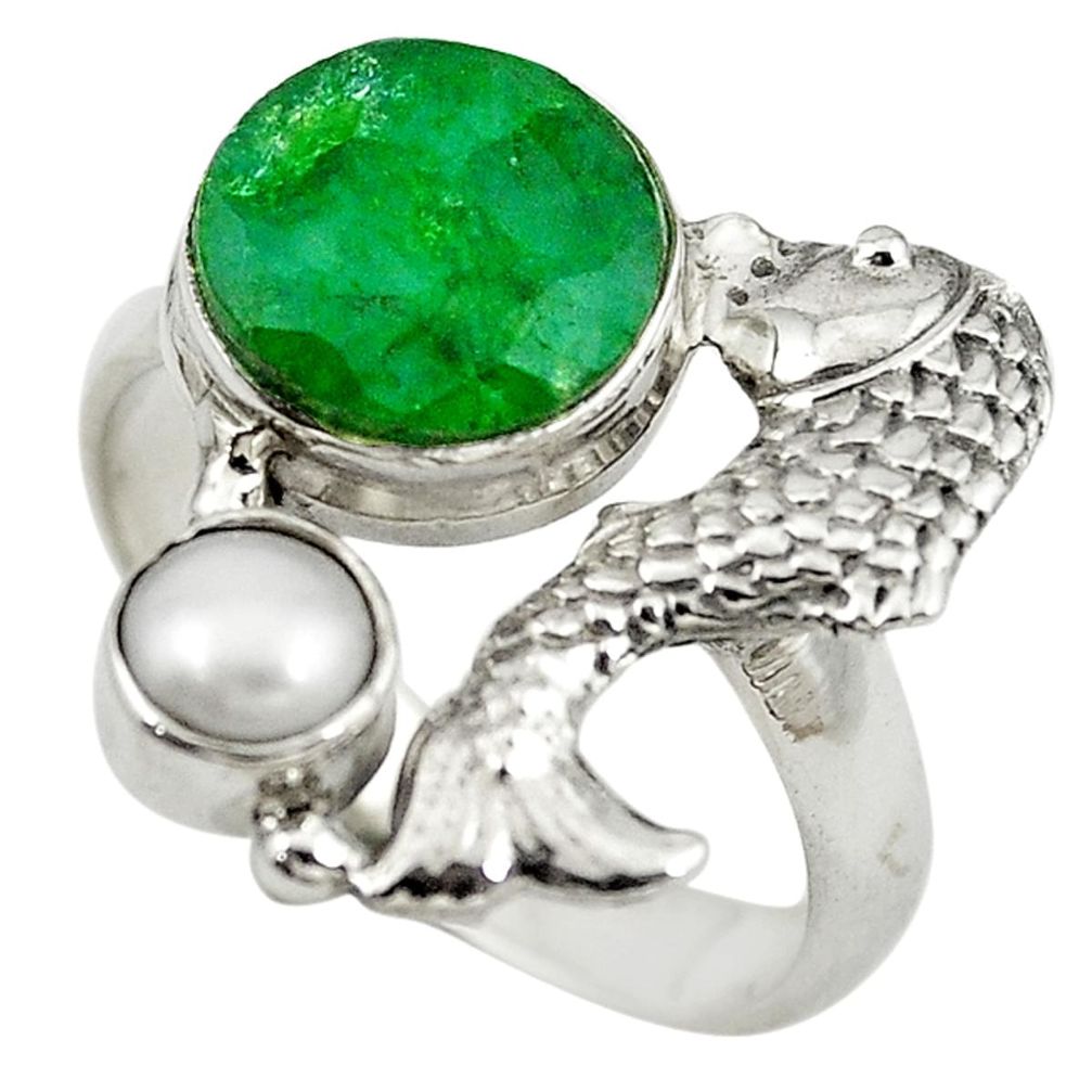925 sterling silver natural green emerald white pearl fish ring size 8 m13364