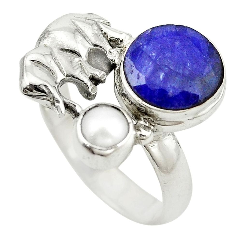 Natural blue sapphire white pearl 925 silver elephant ring size 7 m13366
