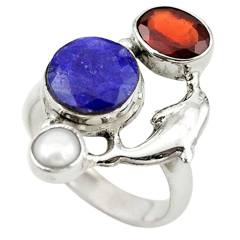 Natural blue sapphire garnet pearl 925 sterling silver ring size 7.5 m13370