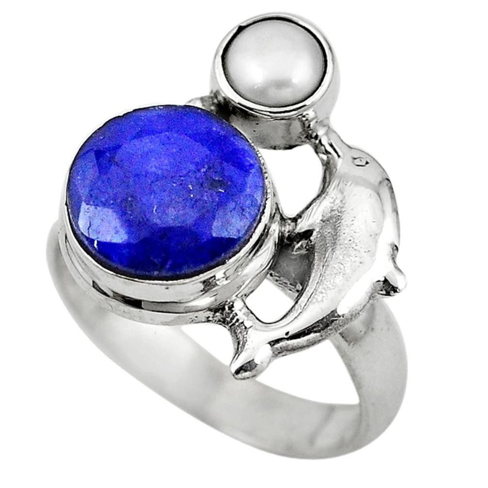 Natural blue sapphire pearl 925 silver dolphin ring jewelry size 7 m13374